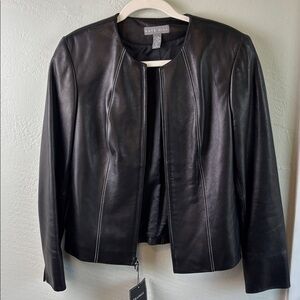 Kate Hill Black Leather Jacket Contrast Stitching Size 4 Timeless Minimalist